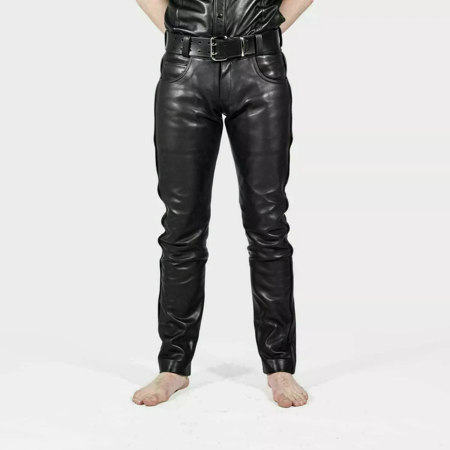 Men's Black Genuine Lambskin Leather slim fit Biker trouser pants