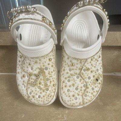 Crocs Women's White Gold Beaded Pearl Glitter Comfort Clogs Slip-On Rubber Shoes