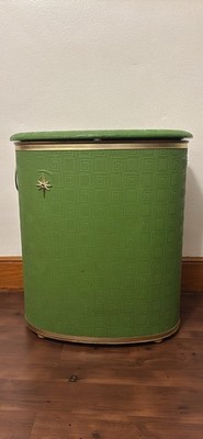 Detecto Vintage Green Gold Metal Laundry Hamper with Handles and Lid