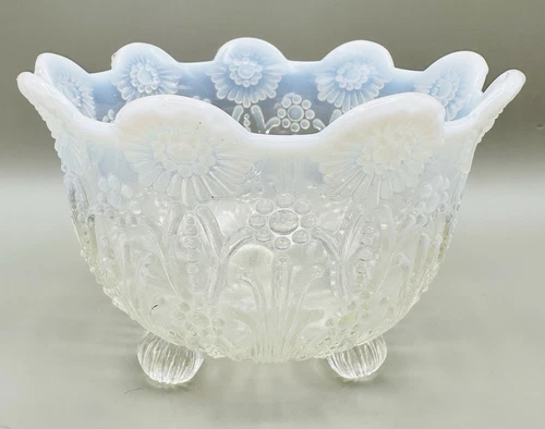 Northwood Glass White Opalescent"Pearl Flowers" Footed Bowl