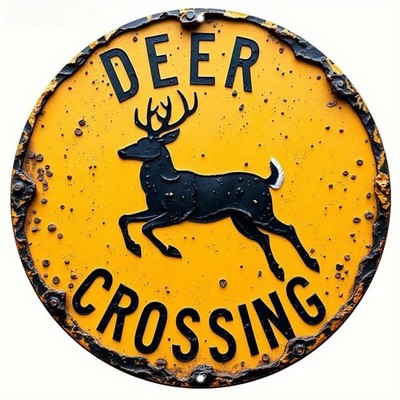 Vintage Deer Crossing Metal Sign Round Rustic Road Warning Wall