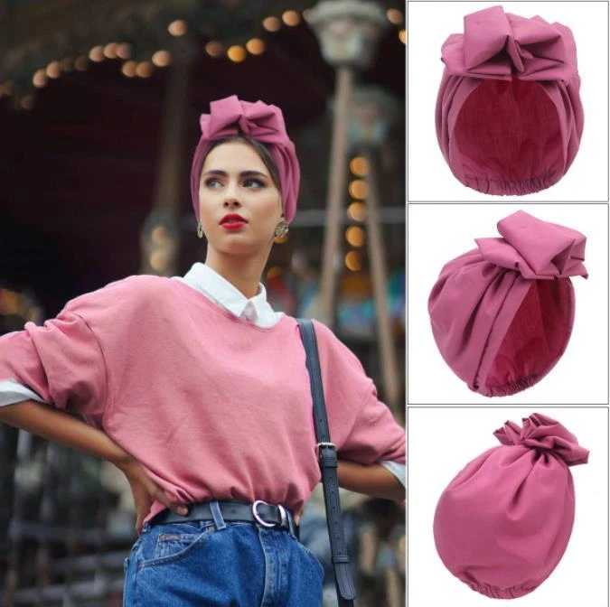 Womens Knot Bow Turbans Elastic Chemo Hats Hair Loss Cap Head Wrap Head Turban - Image 4 of 4