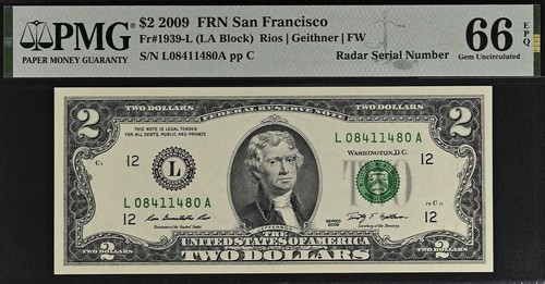 2009 $2 Federal Reserve Note PMG 66EPQ - Fancy Radar Serial Number 08411480 - Picture 2 of 3