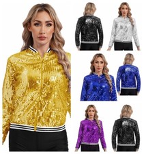 Womens Sparkly Sequin Baseball Jackets Coat Long Sleeve Zip Up Bomber Jackets
