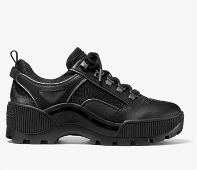 NEW MICHAEL KORS Brooke Leather and Glitter Chain Mesh Trek Sneaker Black 9.5M