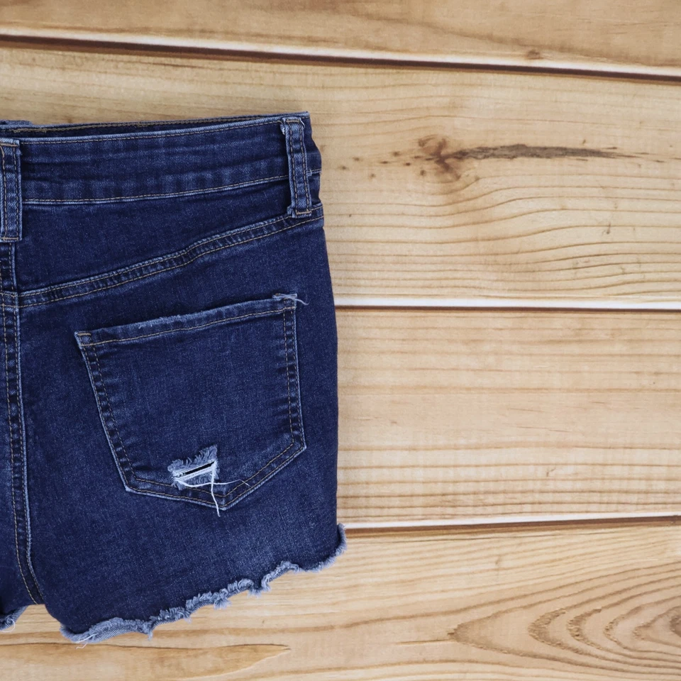 SO Cut-Off Jean Shorts Juniors 7 Dark Blue Distressed Stretch High Rise Shortie - Image 3 of 4