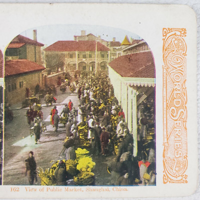 Shanghai China Street Market Stereoview c1905 Chinese Asian Store Shops Card N74
