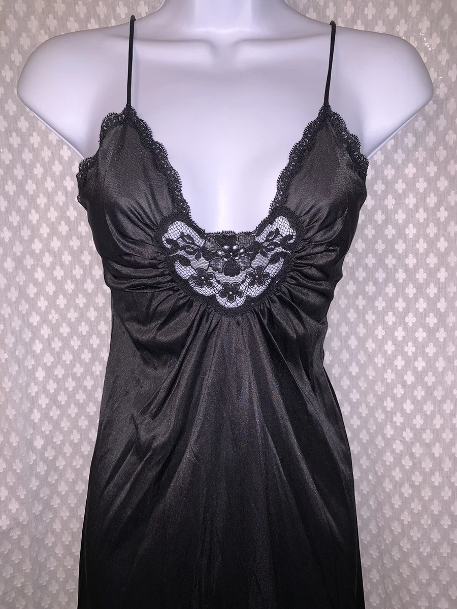 Vintage Vanity Fair Tricot Black Nylon Negligee 30 Lace Long Nightgown  Lingerie