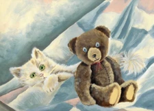 Are you comfortable kitty and teddy bear ACEO print on linen cardstock