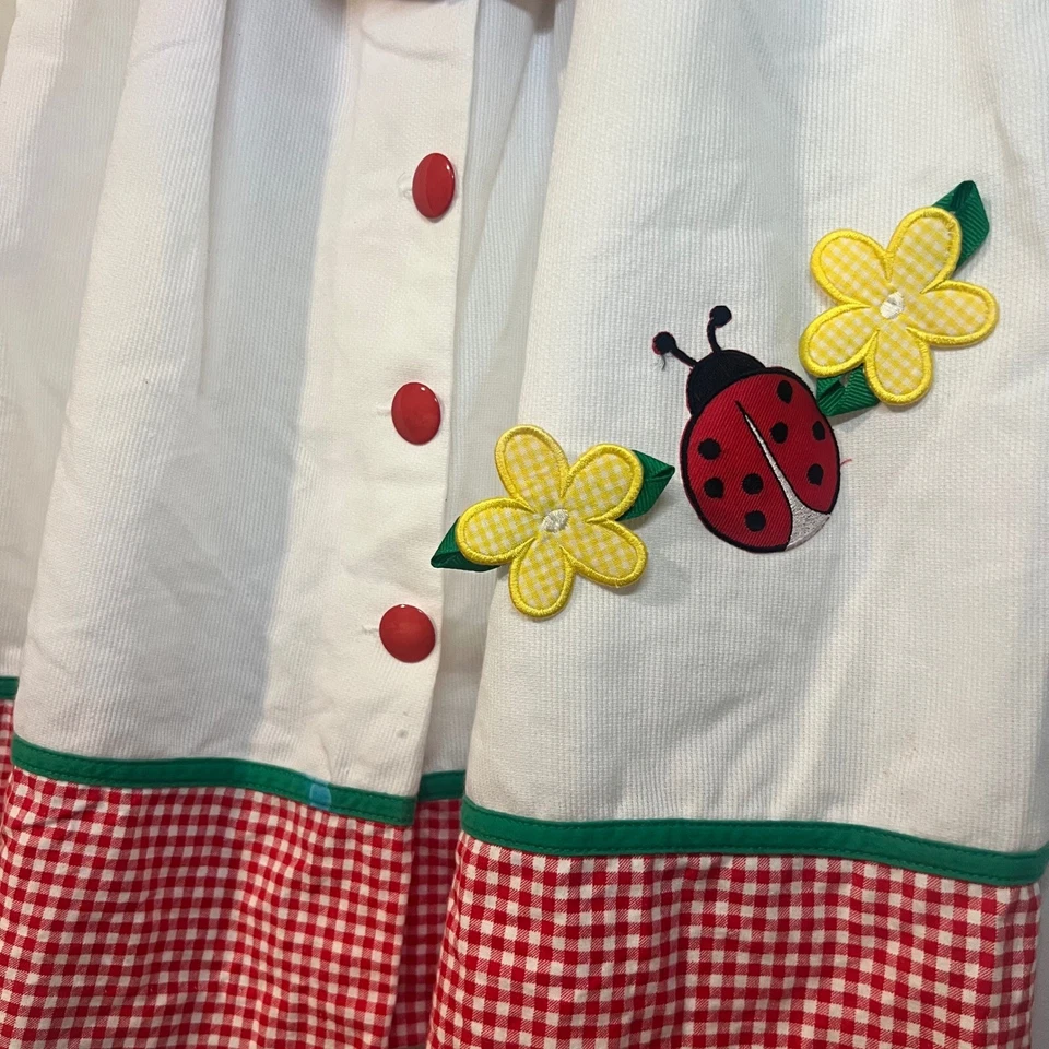 Vintage Peaches Cream Gingham Dress Ladybug Applique Buttons Sleeveless Size 6 - Image 3 of 4