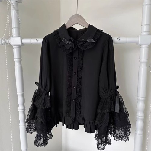 Women Girl Cute Lolita Shirts Ruffles Tops Lace Flare Sleeve Bow Blouse Top - Picture 7 of 8