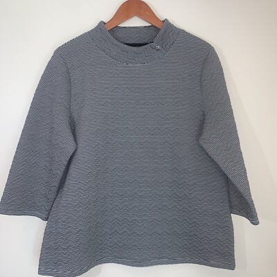 Chicos Weekends Quilted Pullover Top Size 2 Black Gray Micro Stripe High Collar