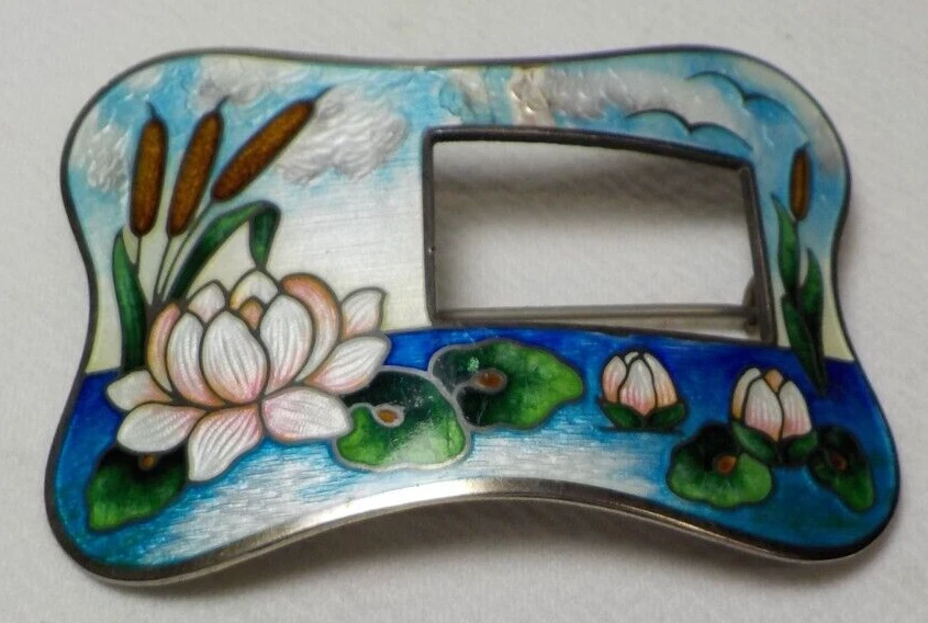 VINTAGE CHARLES M ROBBINS CLOISONNE ENAMEL GUILLOCHE BROOCH PIN STERLING TOP #51