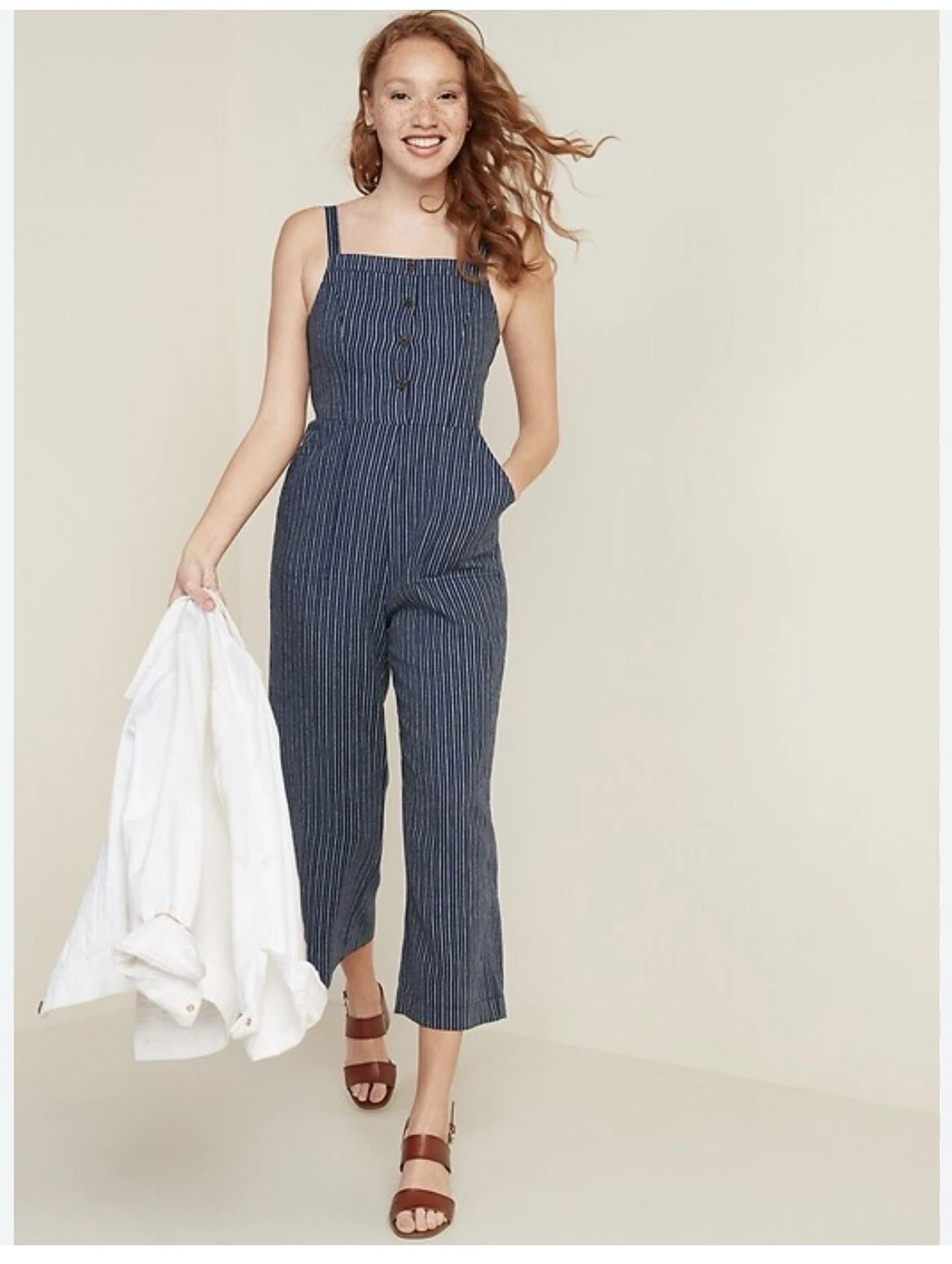 Old Navy Romper Jumpsuit Linen Blend Blue Stripe Midi Length Cami Smocked Back S