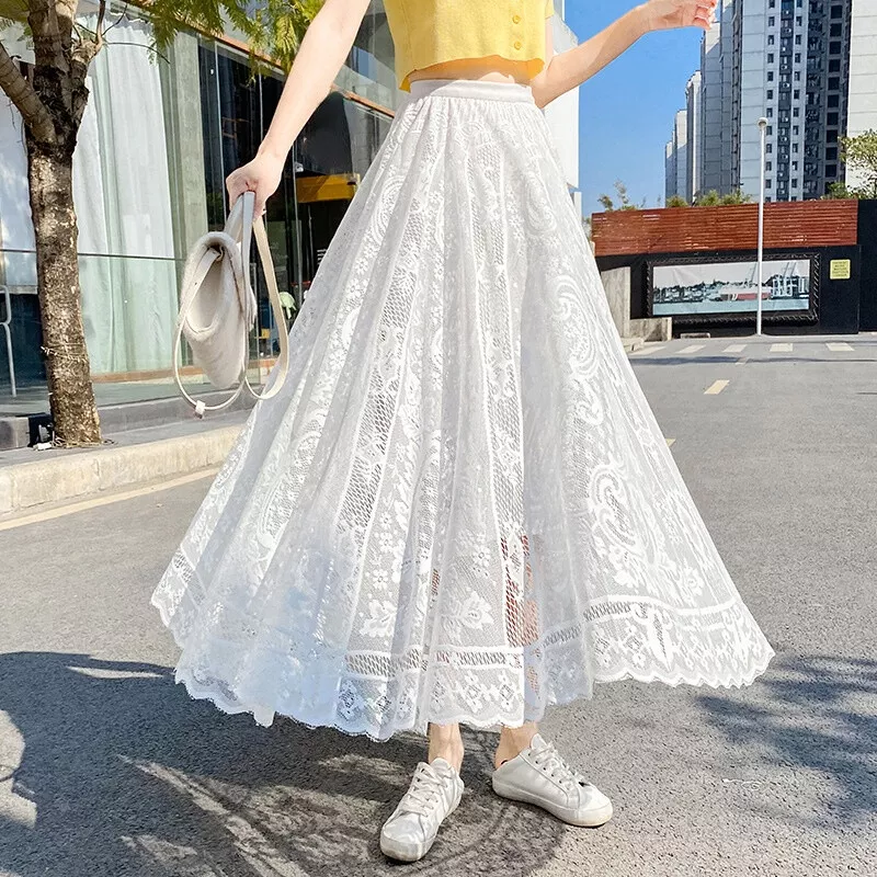 Lady Hollowed Out Lace Long Skirt Elastic High Waist A-line Elegant Sweet  Casual