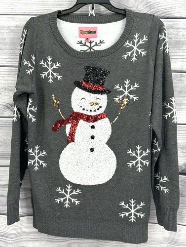 TIPSY ELVES SEQUIN SNOWMAN UGLY CHRISTMAS SWEATER Women's Size Medium GREY   NT