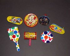 Vintage Tin Litho Noise Makers 7 Piece Set Mardi Gras New Years Celebration Toy