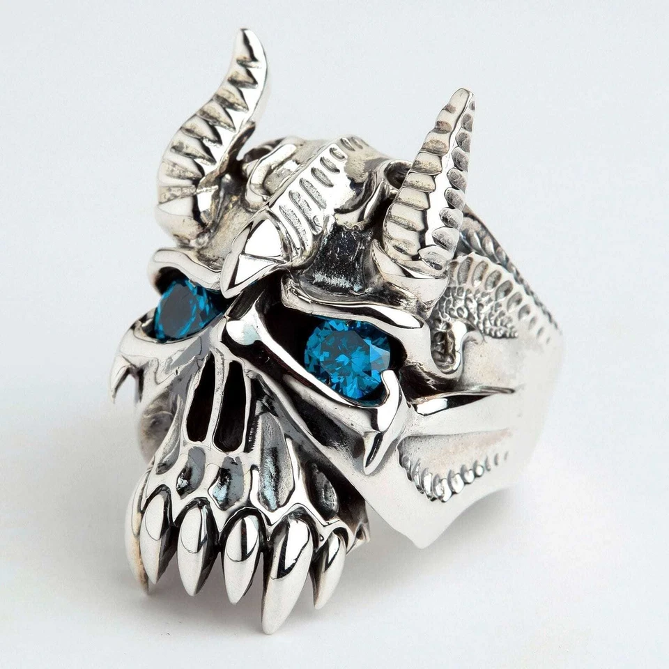 CUERNO BISONTE DIABLO DEMONIO CALAVERA CABEZA DE TORO PLATA ESTERLINA 925 ANILLO PARA HOMBRE COLMILLO DE MOTOCICLISTA Foto 3 de 4