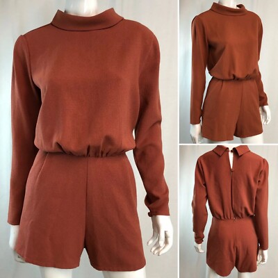 Bishop + Young Womens Medium Brick Brown Textured Crepe Pleated Mock Neck Romper