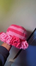 Handmade Pink Striped Crochet Cloche Hat Acrylic Ruffle Accent Girls One Size