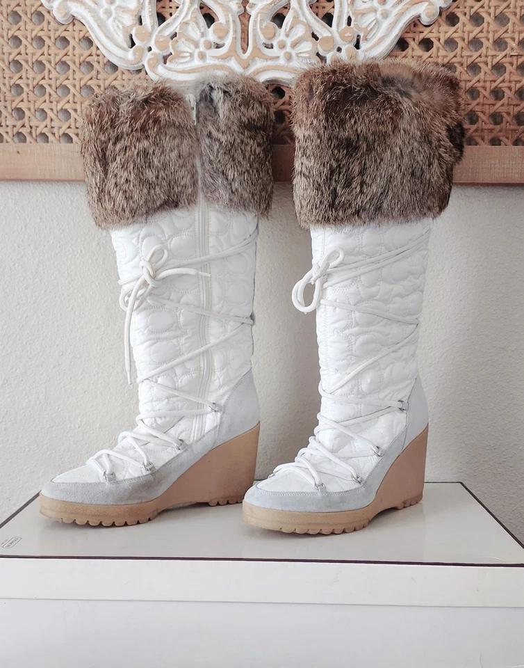 Botas Coach para mujer 8,5 M Sofie altas acolchadas blancas con cordones hasta la rodilla cuña Foto 2 de 4