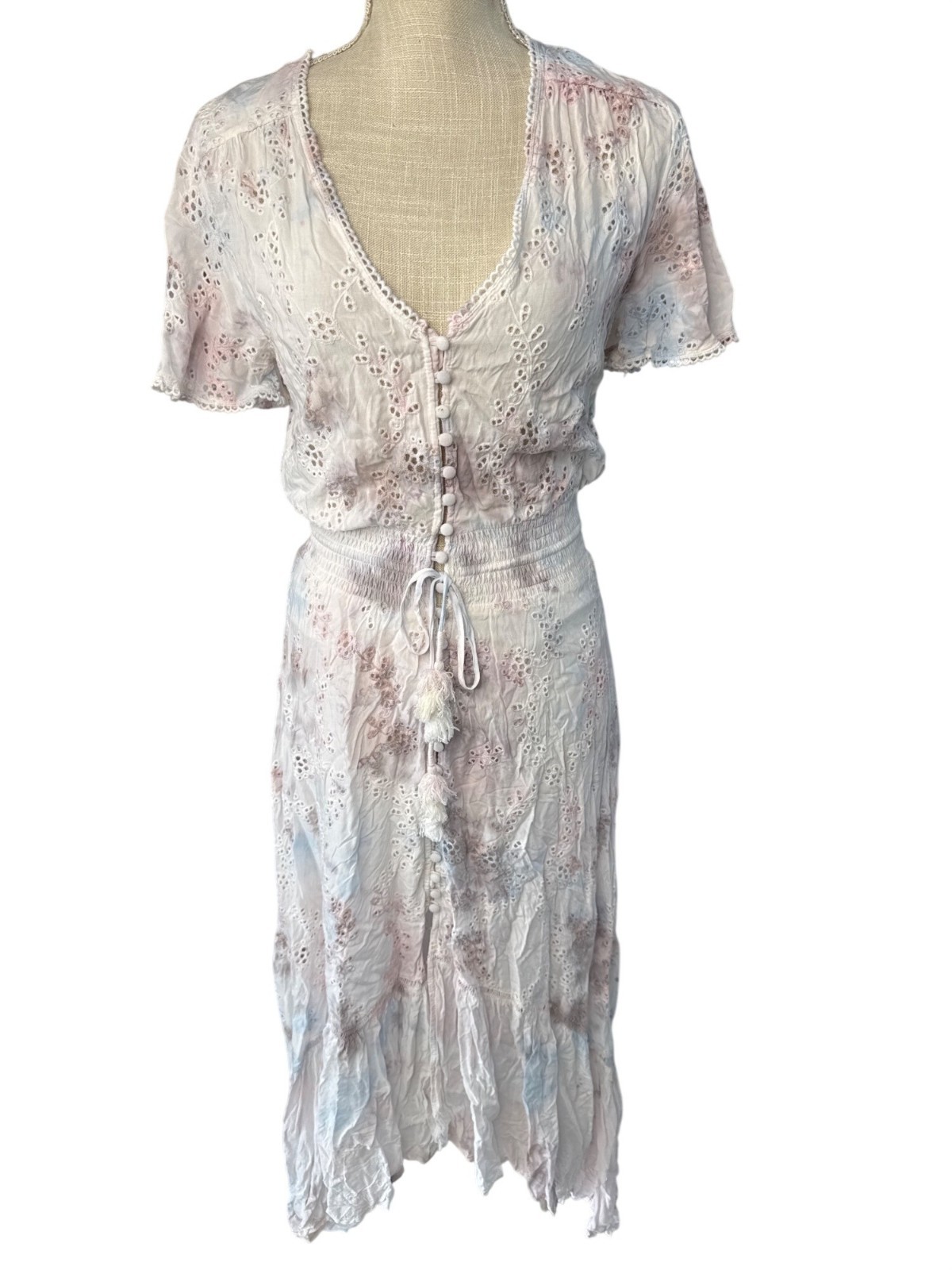 YFB Costa Maxi Dress XS Boho Tie-Dye Eyelet Lace Details Short Sleeves White/Pin