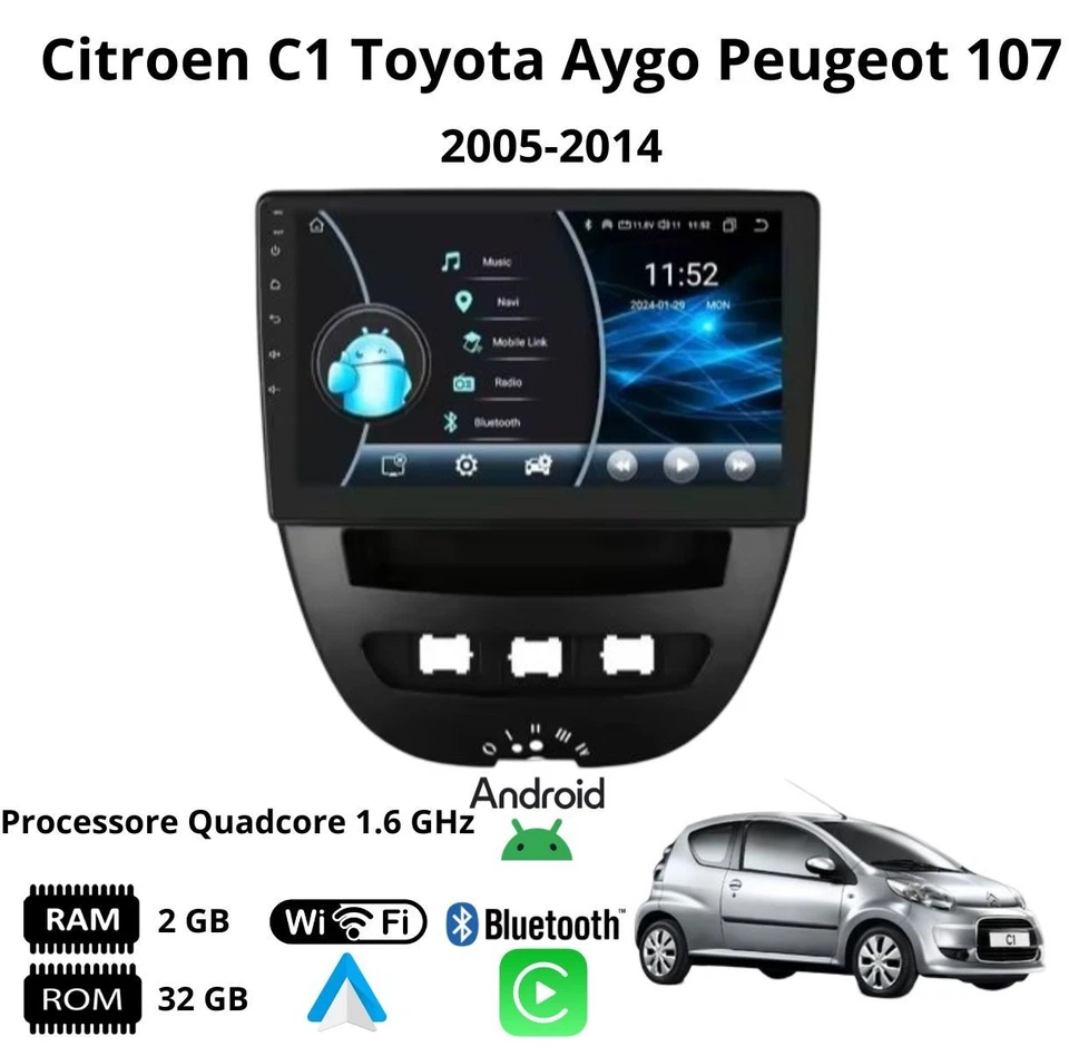 Autoradio stereo Android 10 Pollici per Citroen C1 Peugeot 107 Toyota Aygo - Immagine 2 di 4
