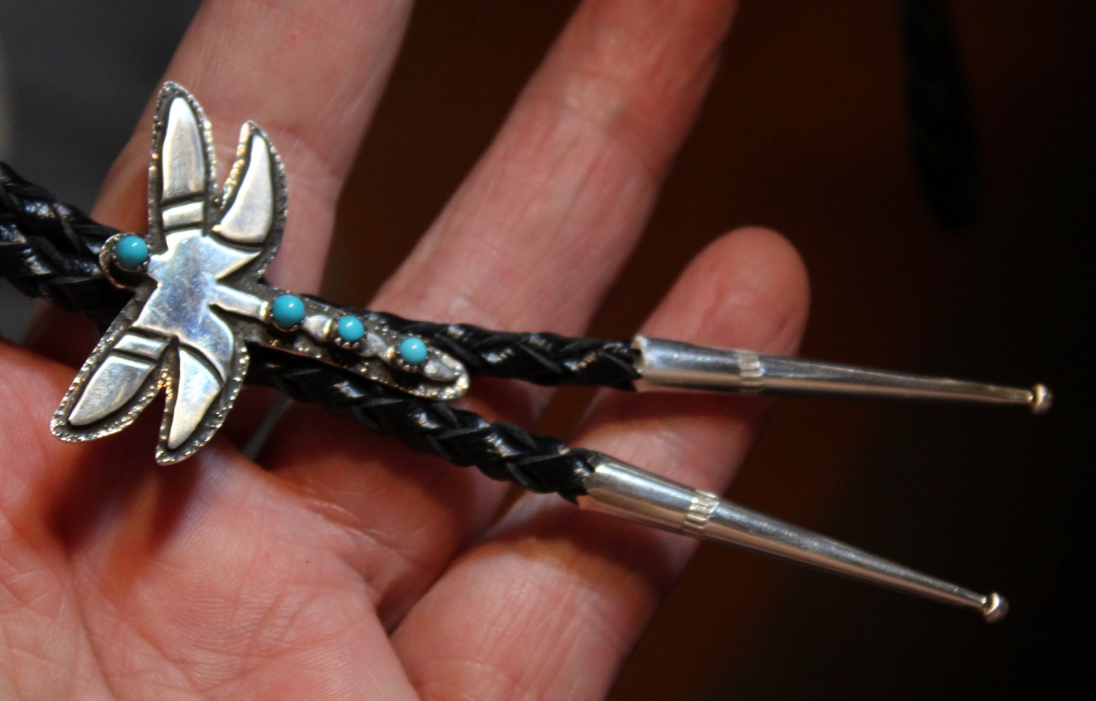 Beautiful Navajo Handmade Sterling Silver & Turquoise Stones Bolo DRAGONFLY Tie