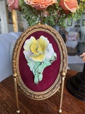 Vintage Capodimonte Italian Porcelain Yellow Rose Velvet Oval Plaque Frame 6x7.5