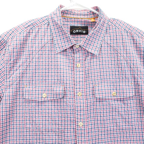 Orvis Shirt Mens Large Plaid Blue Pink Seersucker Quick Dry Outdoor Fishing - Picture 3 of 14