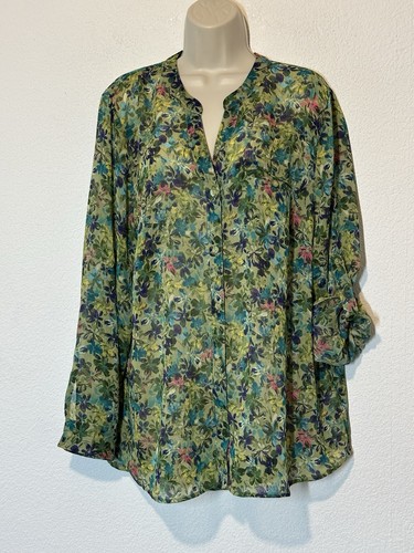 Kut from the Cloth Top 1X Green Floral Semi Sheer Button Up Office Casual