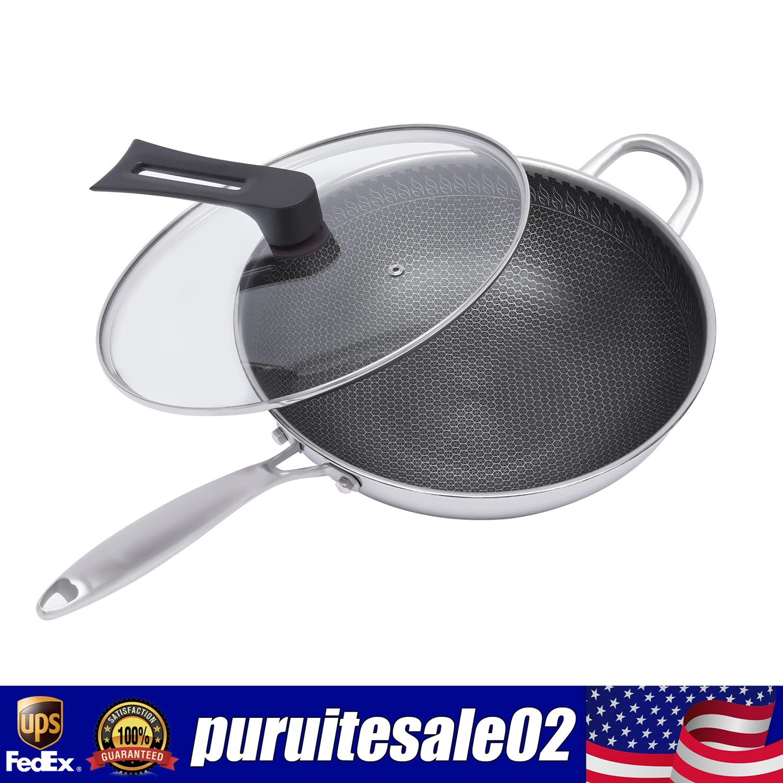 Non Stick Double Sided Honeycomb Cooking Frying Wok Pan with Lid Stainless Steel