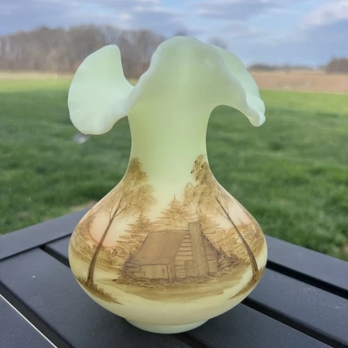Authentic Fenton Handmade Custard Satin Hand Painted Vase Cabin Trees GLOWS