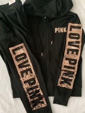 Victoria's Secret LOVE PINK Rose Gold BLING Hoodie Skinny Fit Joggers Set M NWT