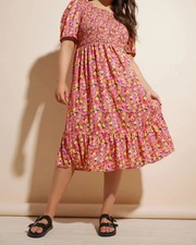 CURVE LADIES PINK FLORAL SHIRRED MIDAXI DRESS NEW UK PLUS SIZE 38-40 (REF 422)