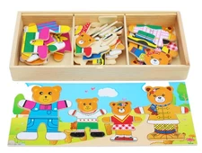 TOWO Wooden Bear Family Dress up Puzzle Box - Sorting and Matching Jigsaw Puz...