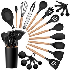 23 PCS Silicone Kitchen Utensil Set Holder Heat Resistant Wooden Handle Black