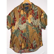 Vintage 90s Chaps Ralph Lauren Button Down Mens XL Brown Tropical Leaf Cotton