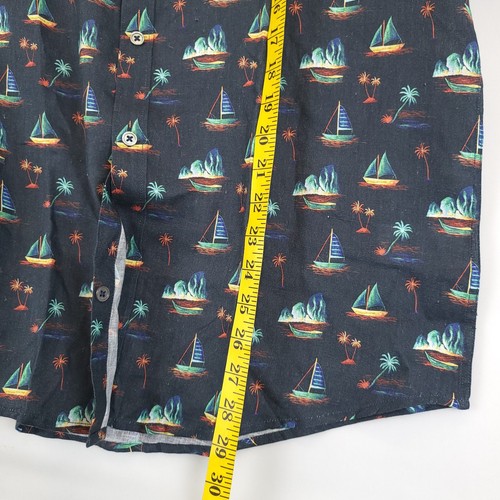 Stitch Note Sailboat European Linen Button Up Shirt Men L Blue Short Sleeve - Afbeelding 4 van 11