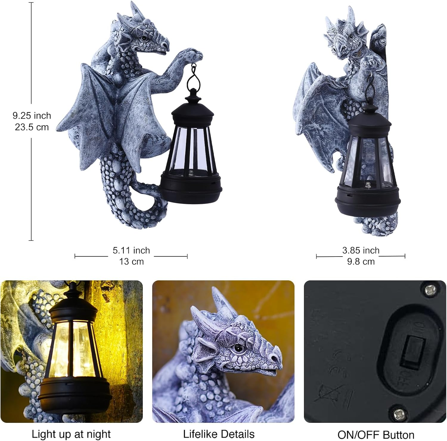 Solar Dragon Garden Statue with LED Light 9.3 Inch Resin Decor Gift Idea