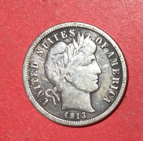1913 US Barber SILVER Dime "LIBERTY" Shows! FINE! Old US Coin!