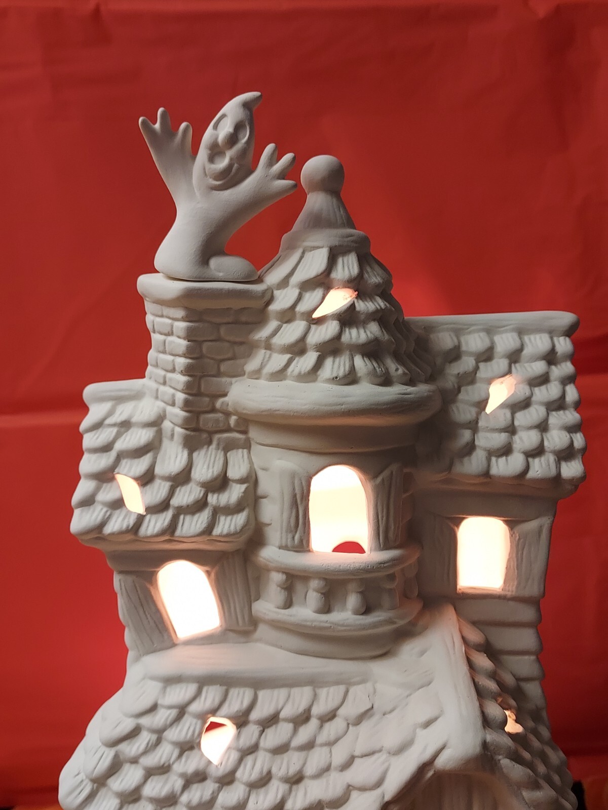 Ceramic Bisque Ready to Paint Haunted House with Ghost lights