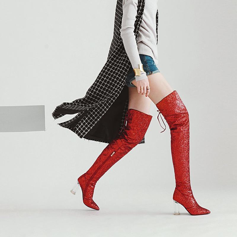 Mujeres por encima de la rodilla con lentejuelas en en en Punta con Cordones Cremallera Lateral botas De Taco Cristal Bloque a07d8c Mujeres por encima de la rodilla con lentejuelas en en en Punta con Cordones Cremallera Lateral botas De Taco Cristal Bloque a07d8c