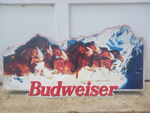 Vintage 35+ Inch Budweiser Metal CLYDESDALE BEER SIGN ANHEUSER BUSCH Horses Snow
