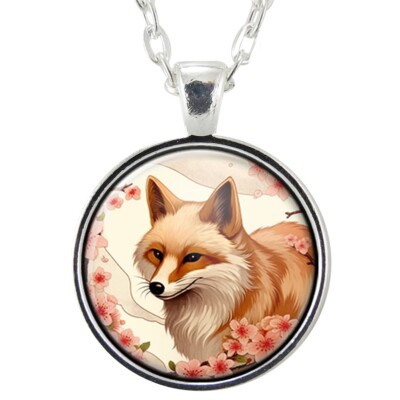 Cherry Blossom Fox Pendant Necklace, Handmade Woodland Jewelry, Nature Gift