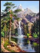 Waterfall mountains - DIY DMC Chart Counted Cross Stitch Patterns Needlework 