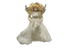 Christmas Angel Tree Topper Vtg 16" Tall Long White Lace Dress with Silver Wings