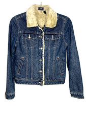 Hurley Smile Women's Sherpa Eagle Embroidered Back Blue Denim Jean Jacket Size M