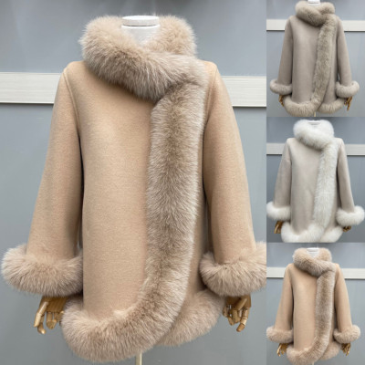 Women 100% Real Fox Fur Trim Cashmere Ponchos Cape Cardigan Coat Warm Tops Shawl