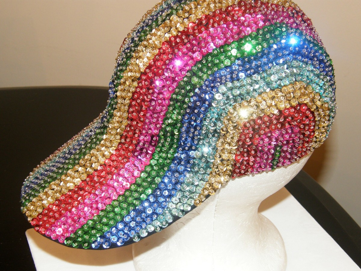 SEQUIN BASEBALL CAP HAT RAINBOW MULTI COLOR DESIGN MATCHES  display picture 2